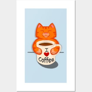 Cat Sipping Coffee I LOVE COFFEE Posters and Art